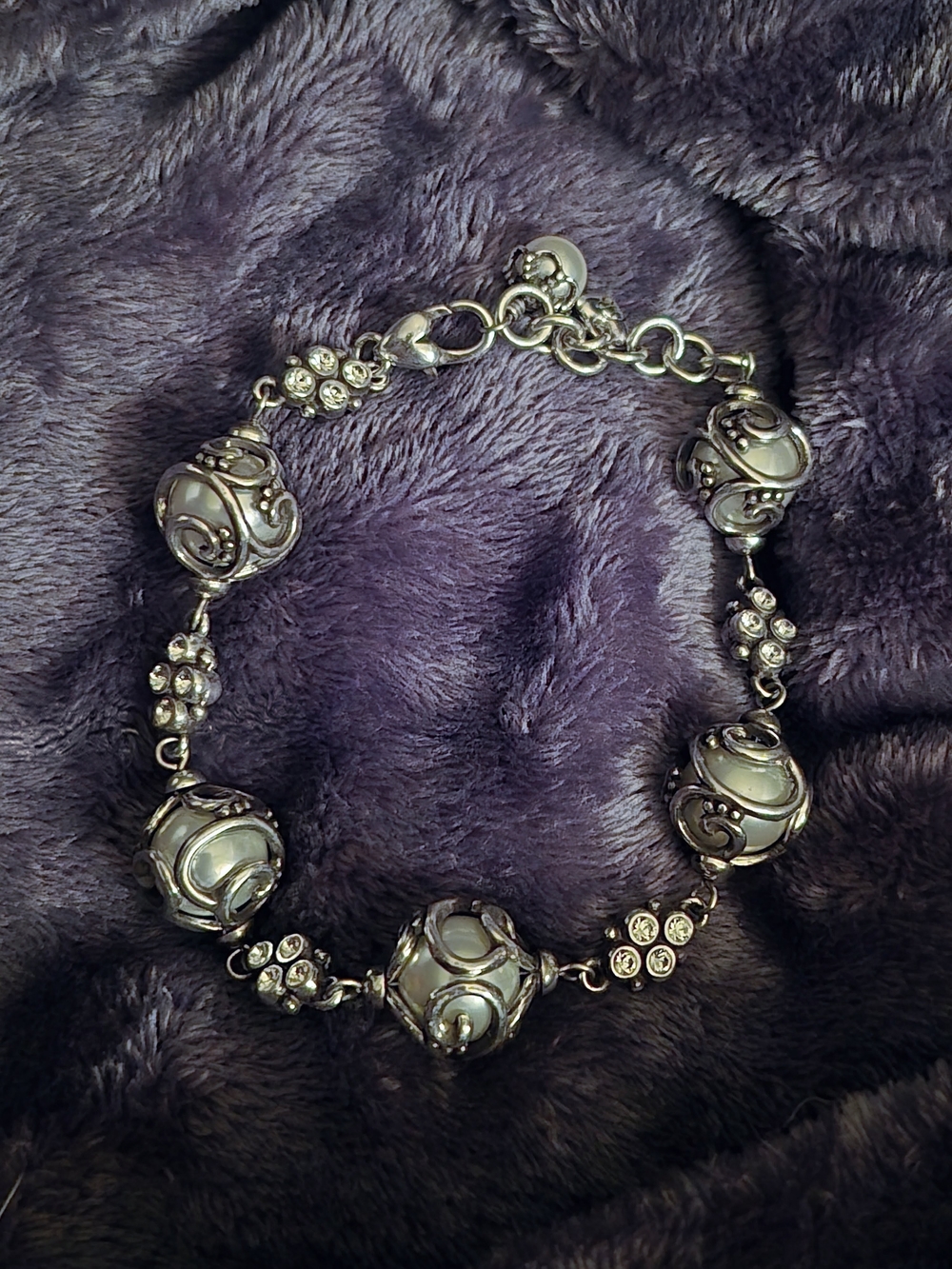 Brighton Silver-Tone Pearl Orb and Crystal Link Bracelet